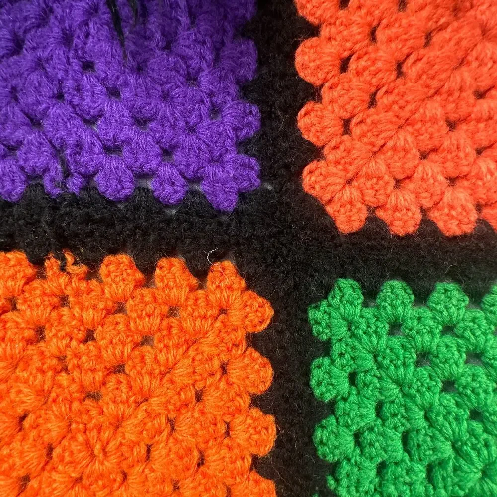 VTG Handmade Afghan Throw Blanket Roseanne Boho Fringe Black 73x35 OOAK Hippie